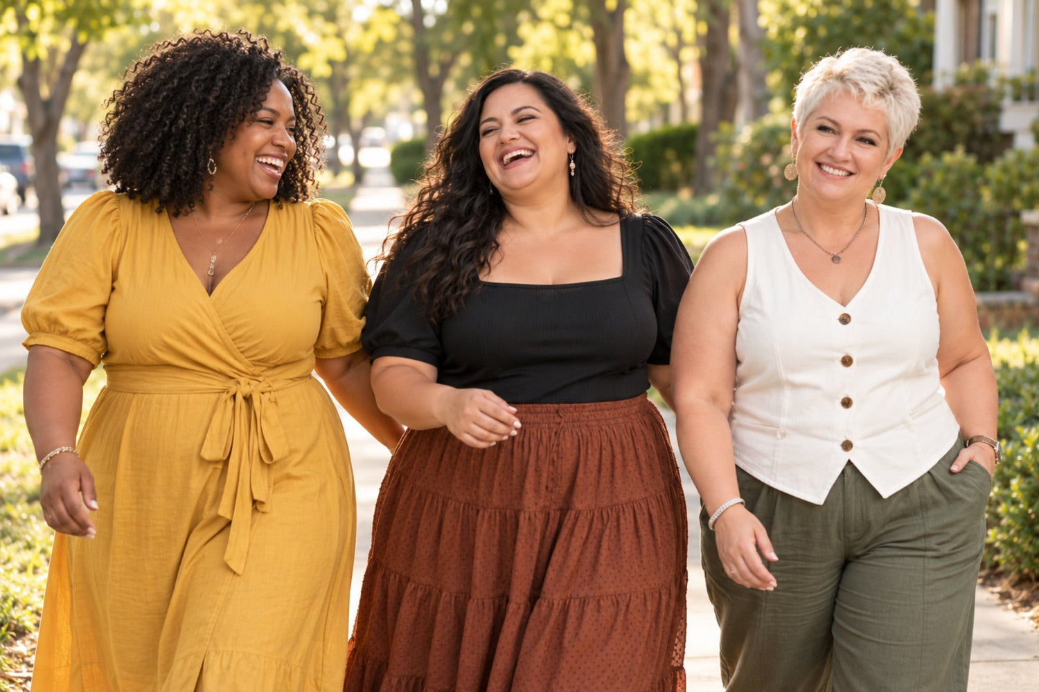 Three women walking and laughing together on a neighborhood street