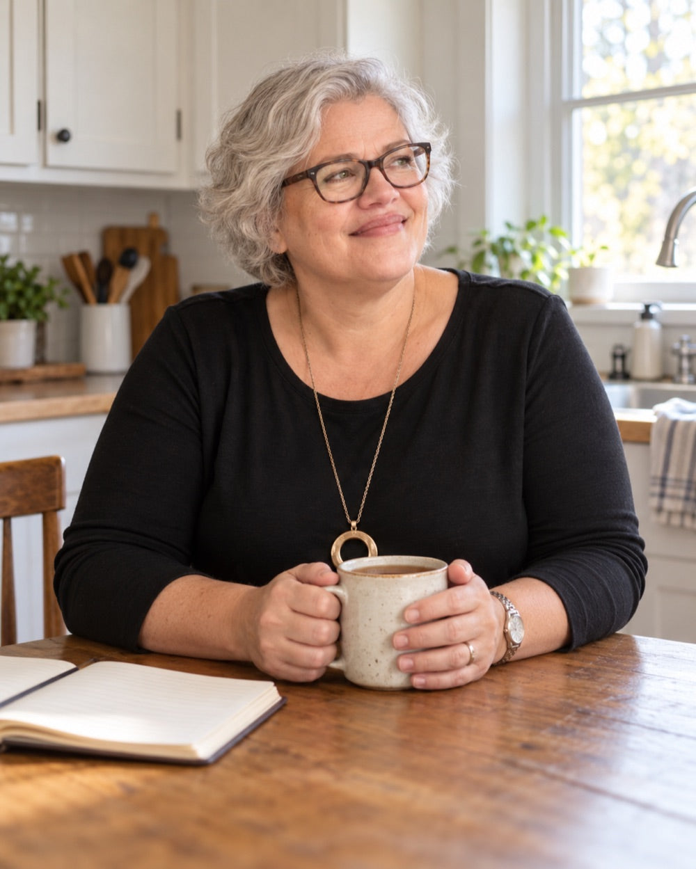 A woman with a cup of tea at her kitchen table in the morning
